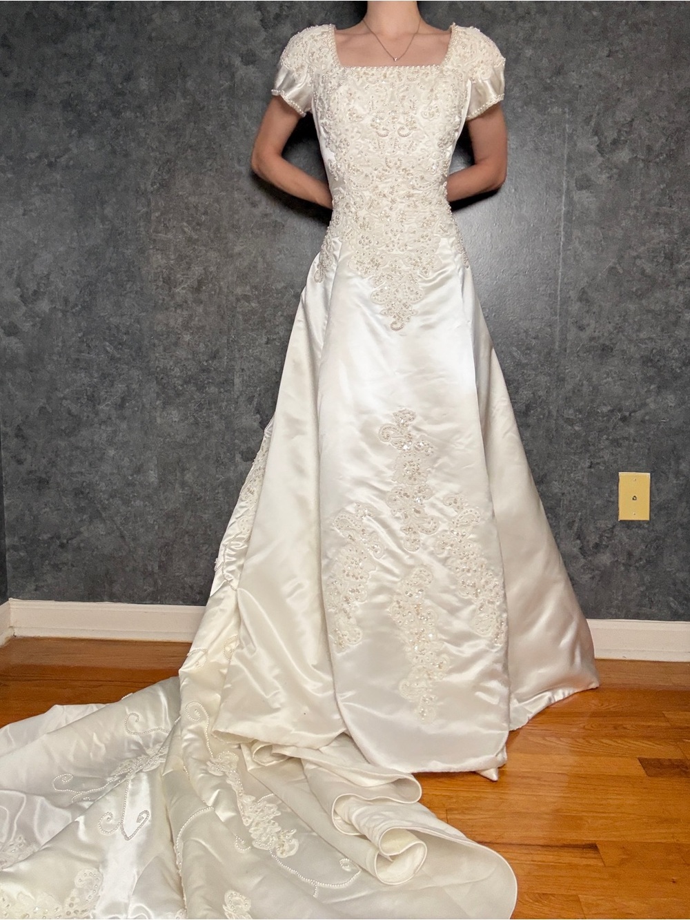 Mori Lee Cream Embroidered Satin Wedding Gown